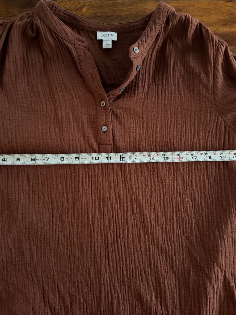 J.Crew Brown Cotton Gauze Puff Short Sleeve Henley Blouse Top Size L